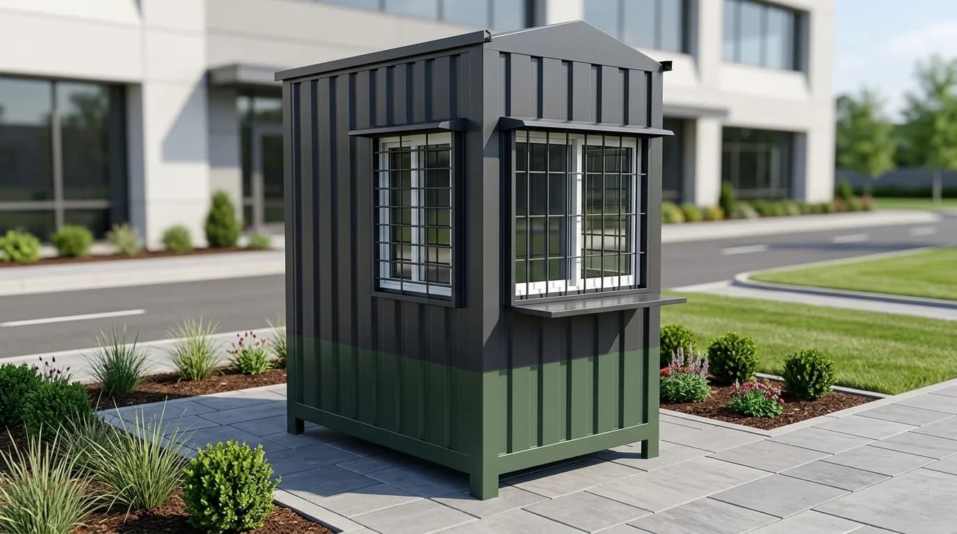 Charcoal and green corrugated steel security cabin at a three-quarter angle, with a pitched roof, two barred windows and a counter ledge