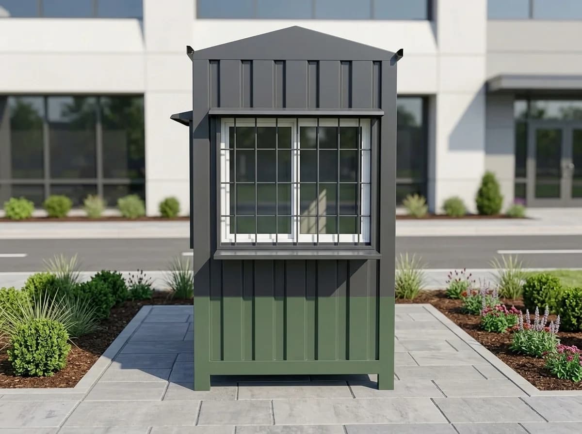 Side of a charcoal and green steel security cabin with a wide barred sliding window, a sunshade above it and a counter ledge below