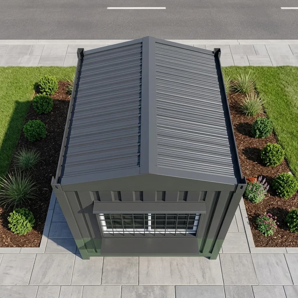 Top view of a steel security cabin showing its pitched roof of corrugated metal sheet, with a barred window and ledge at one end