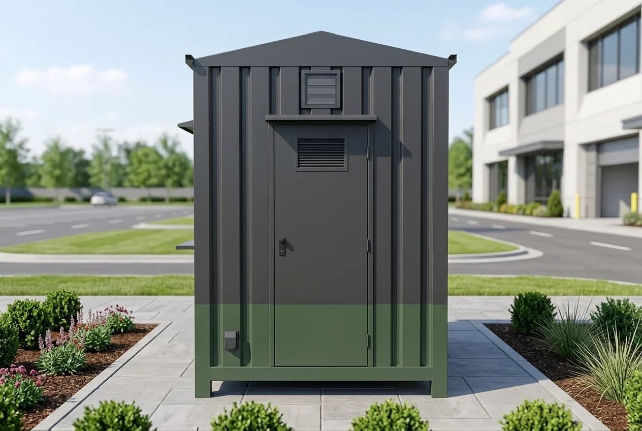 Door end of a charcoal and green steel security cabin with a lockable steel door, a louvred vent and a small socket box on the wall