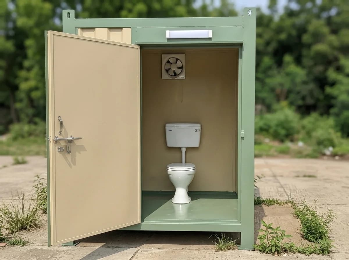 Single-cubicle portable toilet with a green steel frame and beige panels, its door open on a western closet with a cistern and an exhaust fan, and a light fitting above the door