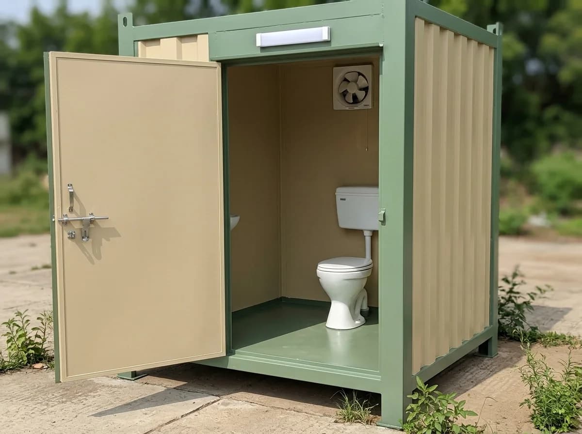 Portable toilet cabin at a three-quarter angle with its door open on a western closet with a cistern, beige corrugated side panels and a green steel frame