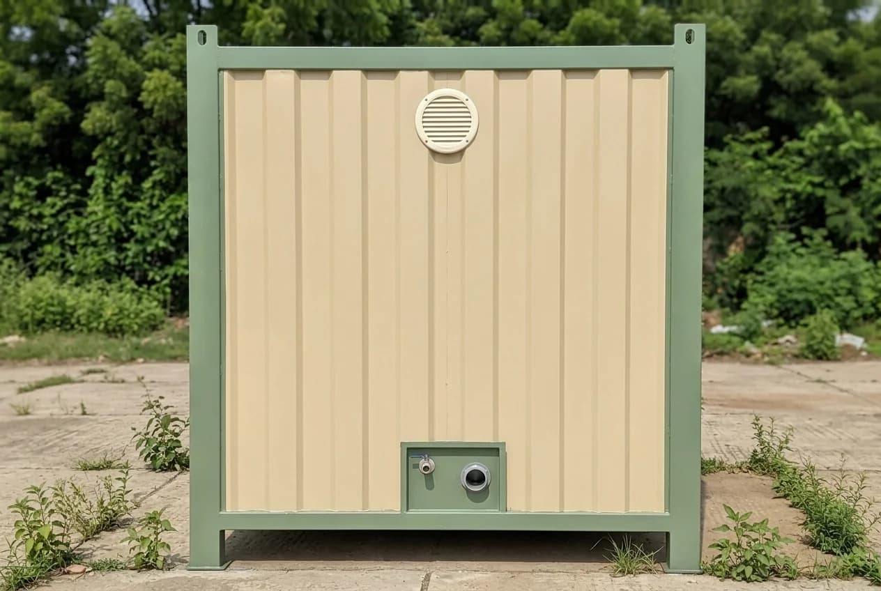 Rear wall of a portable toilet cabin with beige corrugated panels in a green steel frame, a round louvred ventilator and a small panel holding a water tap and a round pipe connection