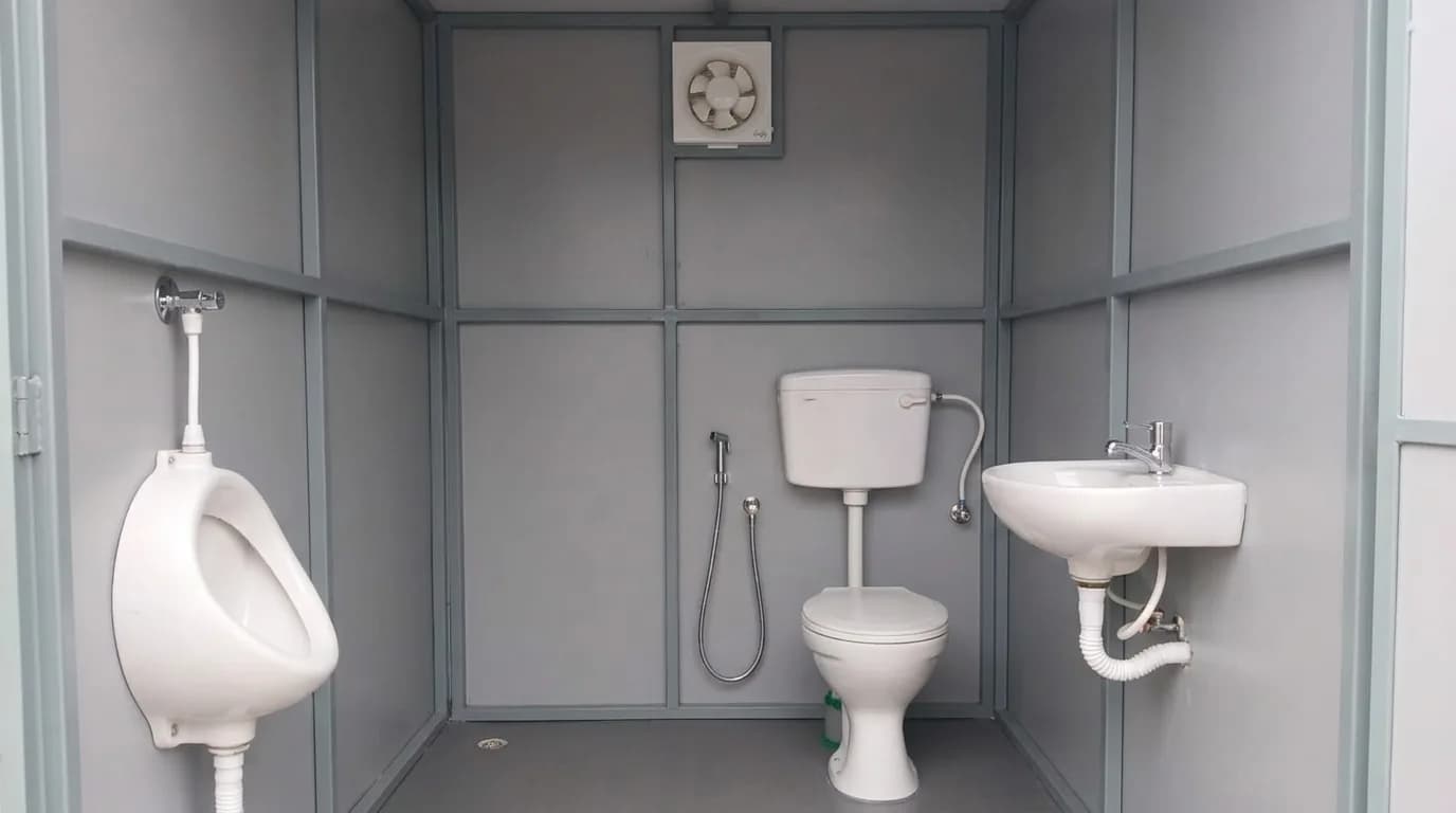 Interior of a portable toilet cabin with grey panel walls, a wall-hung urinal, a WC with a cistern and health faucet, a wash basin with a mixer tap, and a wall-mounted exhaust fan above