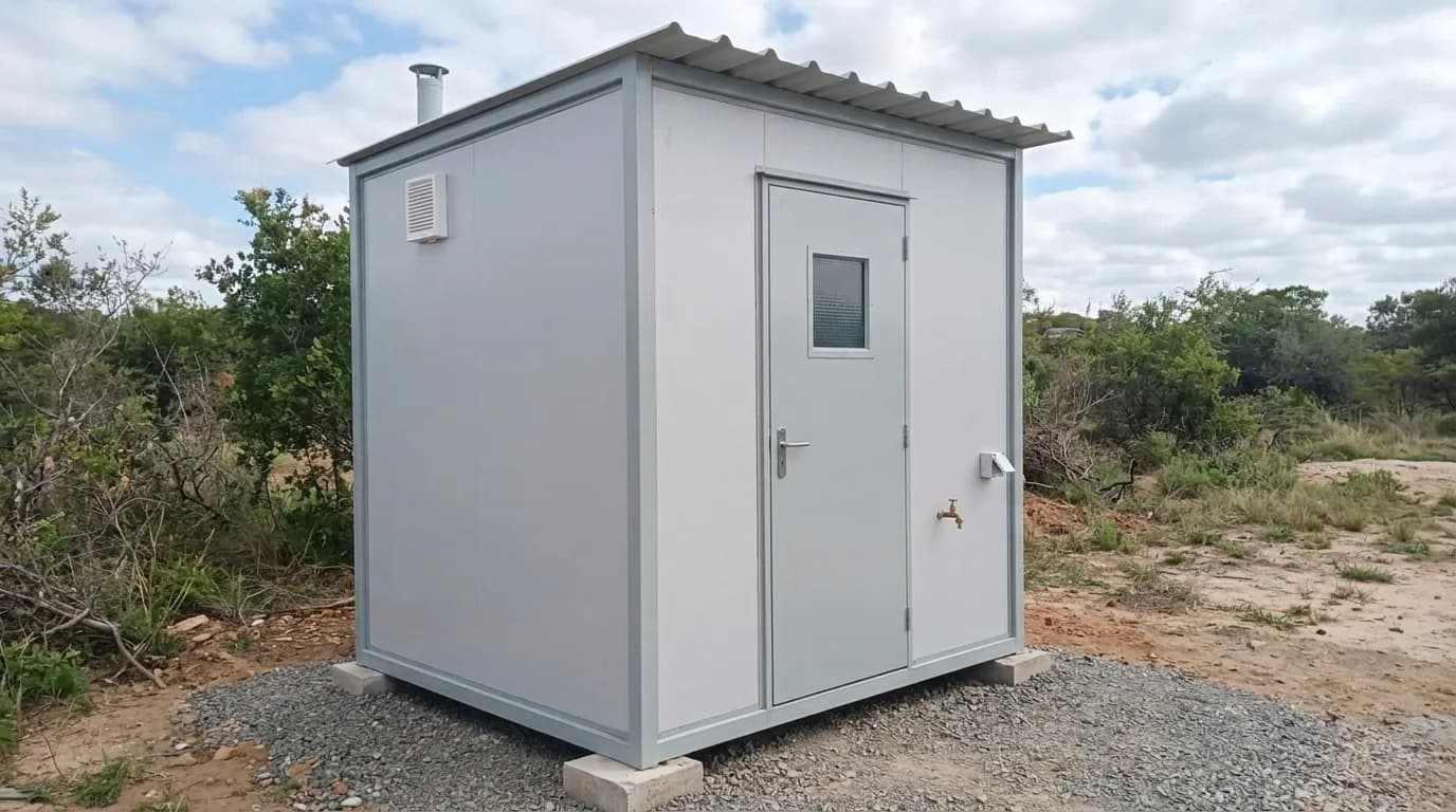 A single portable toilet cabin standing on concrete plinth blocks over a gravel bed, with a louvre vent, a roof vent pipe, an external tap and a flush door with a small vision panel