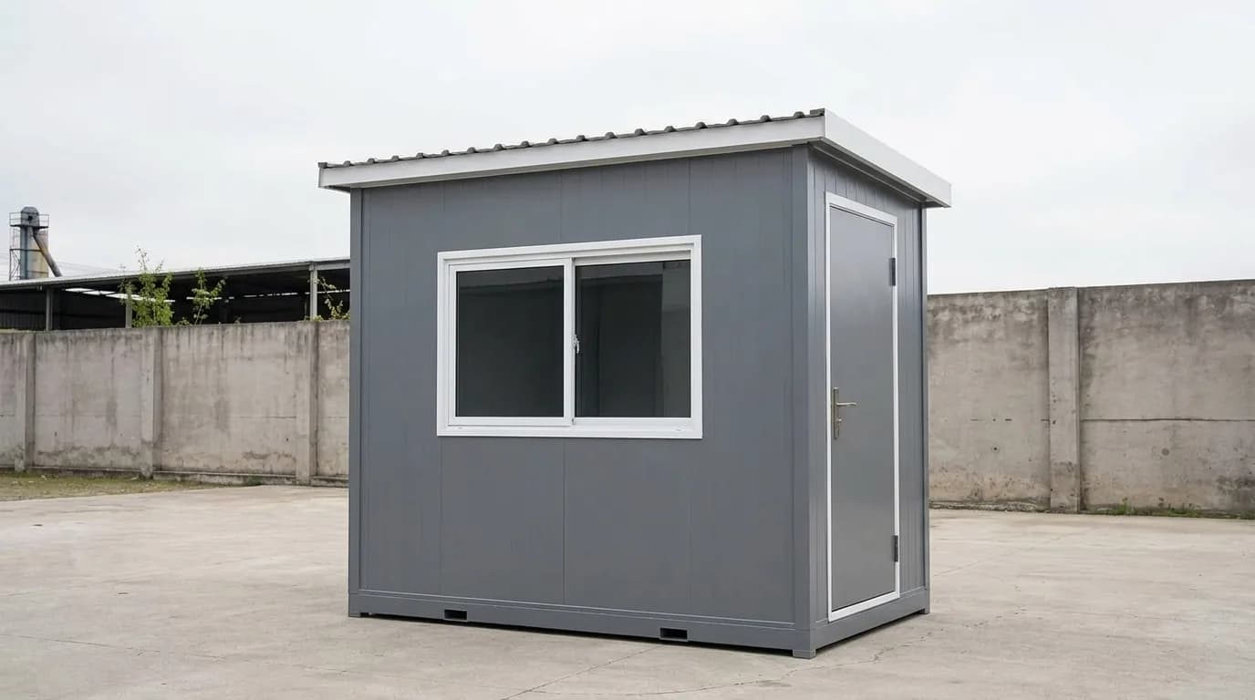 A grey portable security cabin with a wide sliding window, a flush door and a sloped roof, standing on a concrete yard in front of a compound wall