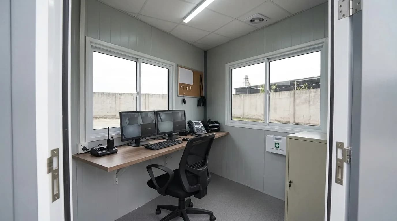 Interior of a security cabin fitted as a gate office, with a desk running under two glazed walls, monitors, a telephone, a radio charger, a swivel chair, a notice board and a first aid box