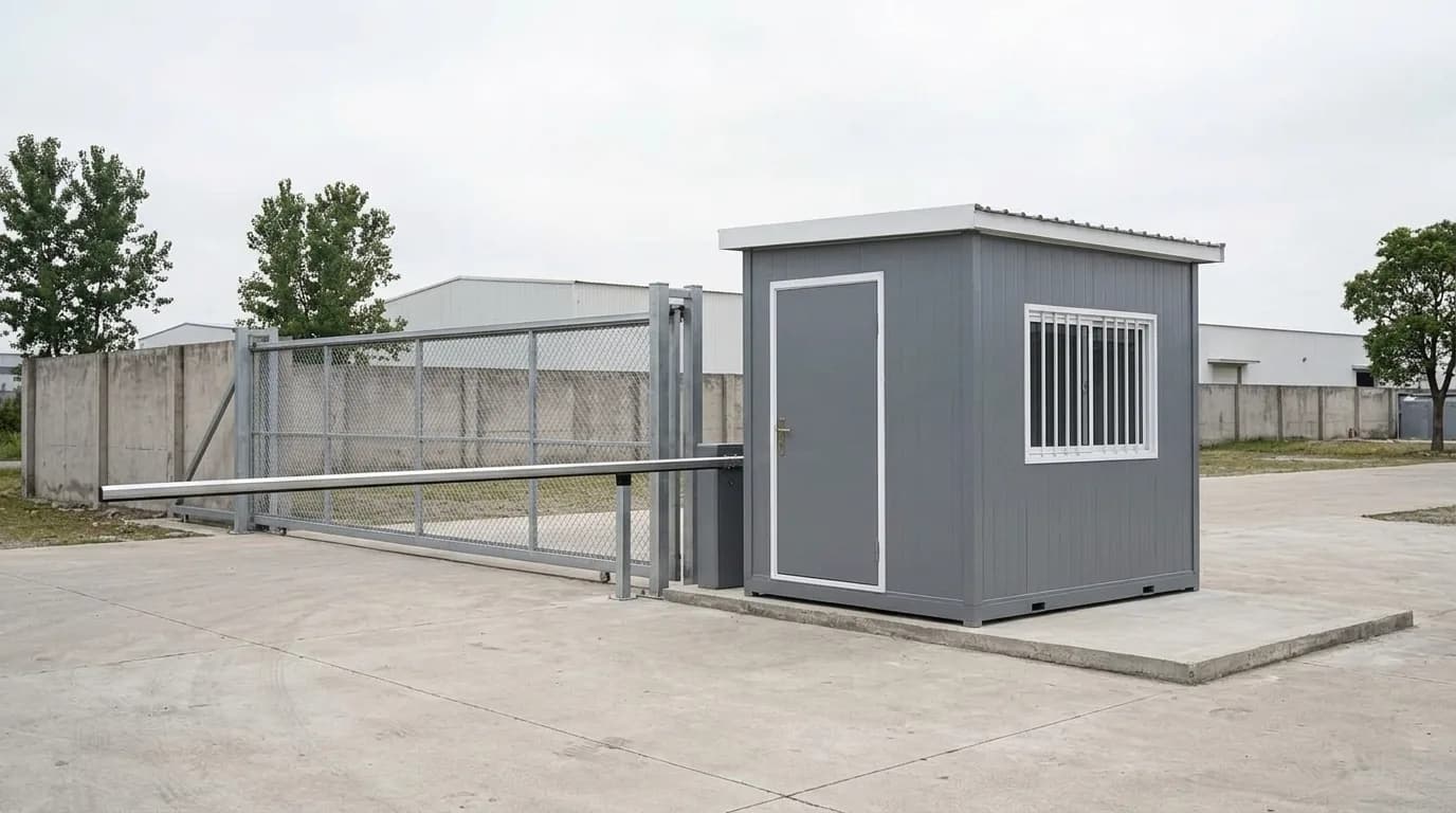 A grey security cabin beside a sliding mesh gate and a boom barrier at the entrance to a walled compound, standing on its own concrete pad