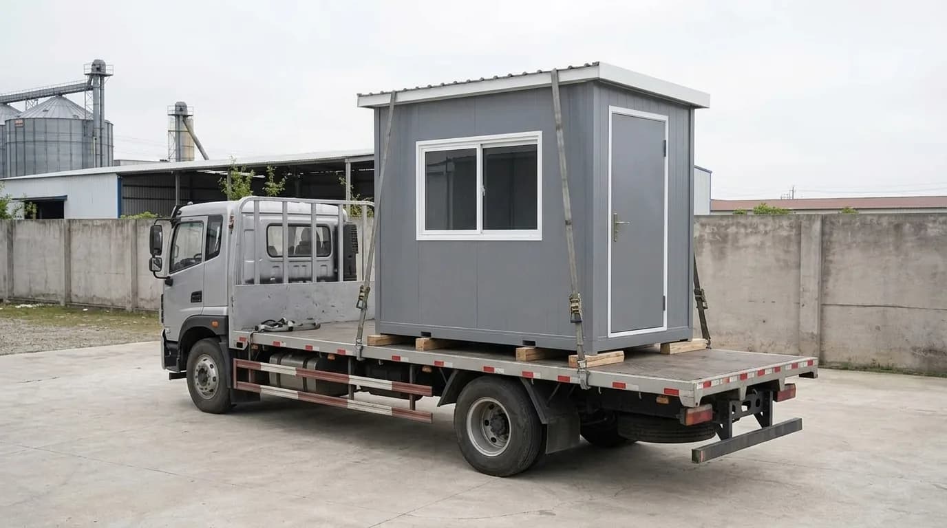 A grey security cabin strapped down on timber dunnage across the bed of a flatbed truck, with an industrial yard and a compound wall behind