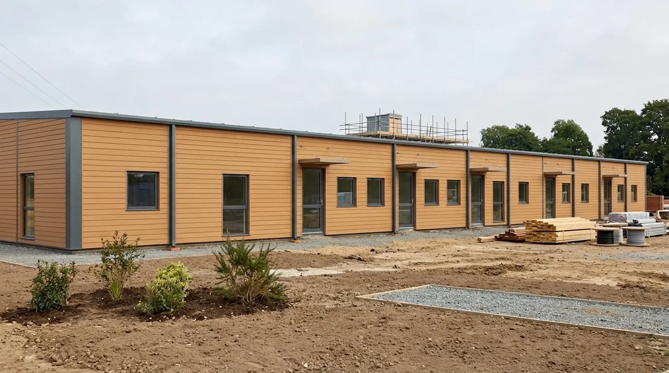 Single-storey prefabricated accommodation block with a row of doors and windows, standing on a levelled site with building materials stacked alongside