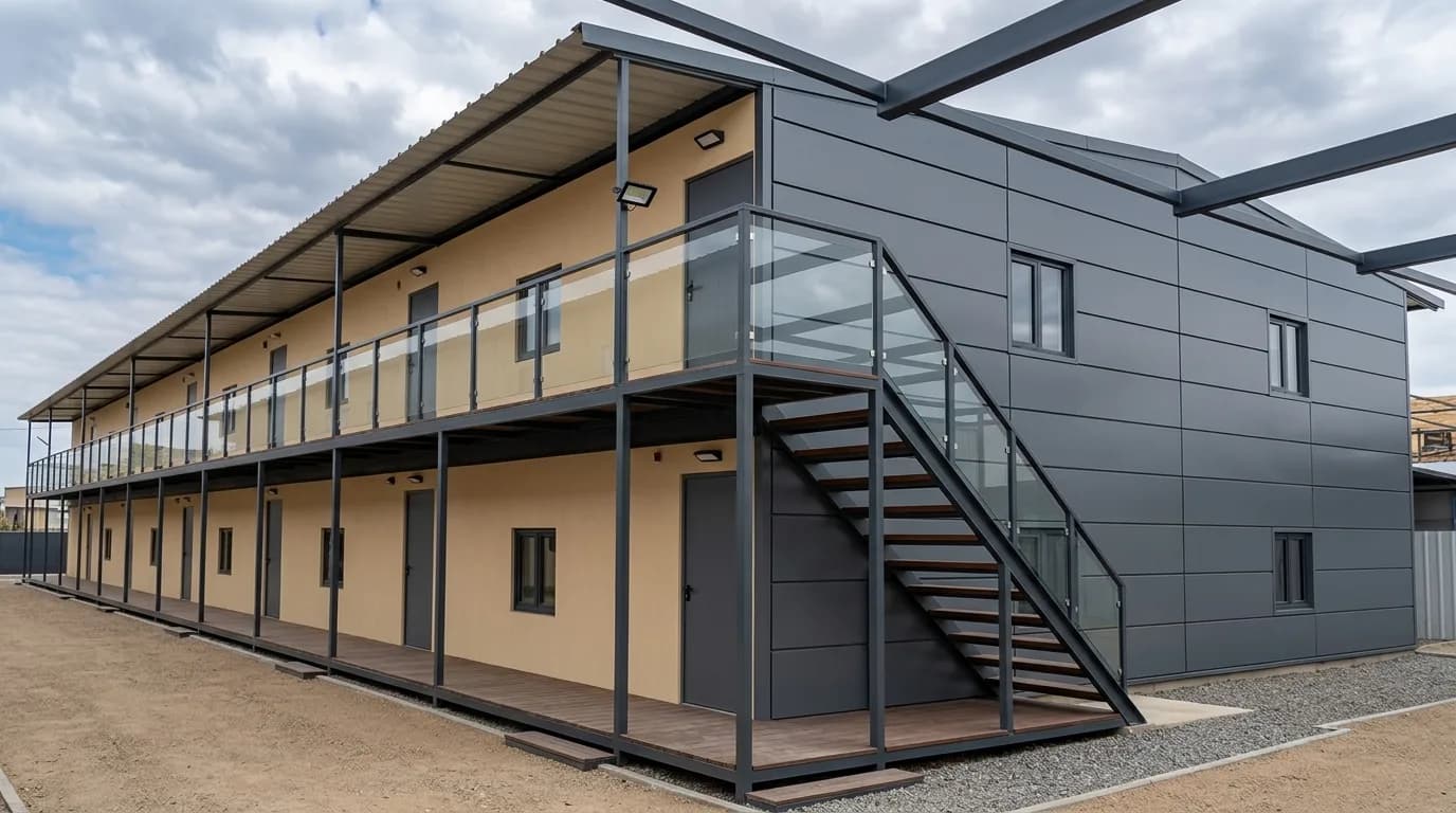 Two-storey prefabricated accommodation block with an external staircase, upper walkway and a run of individual room doors