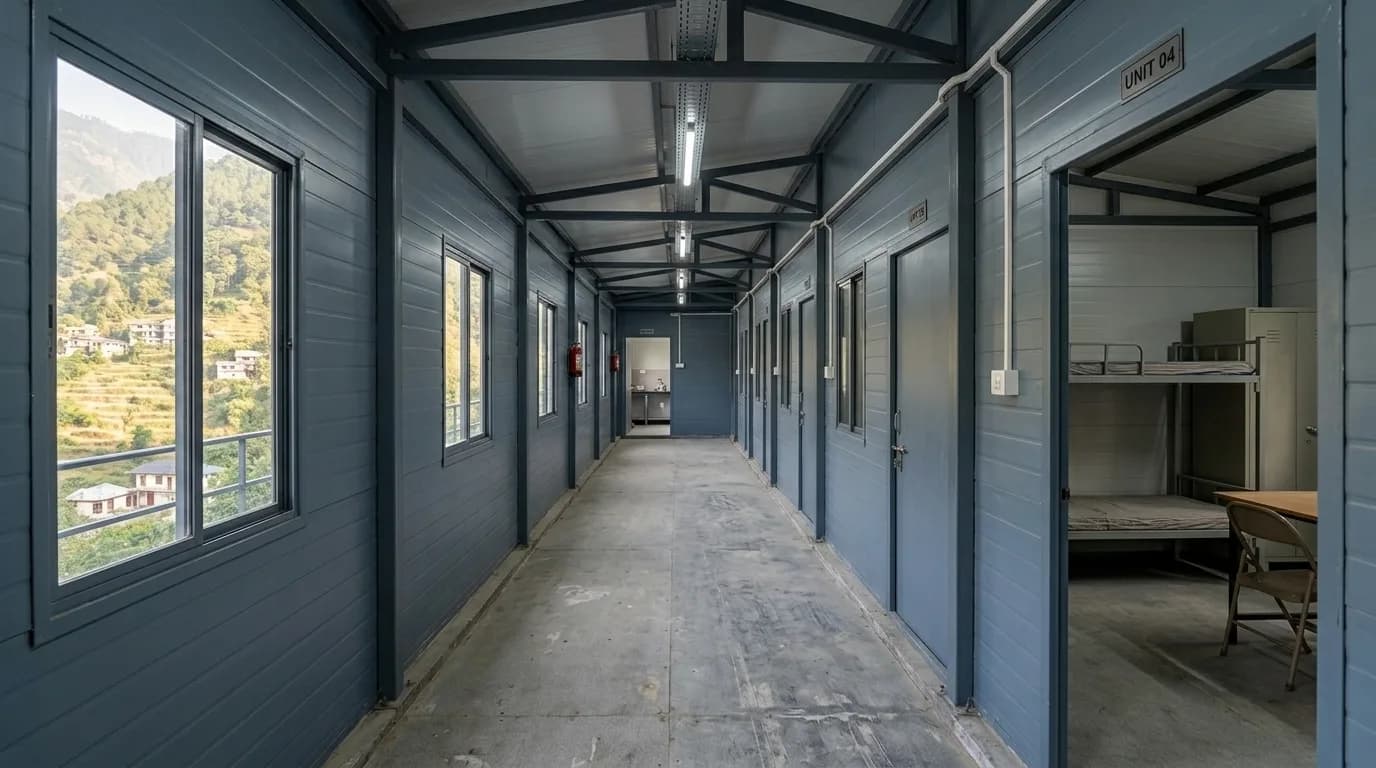 Internal corridor of a prefabricated accommodation block with numbered room doors, wall-mounted fire extinguishers and a dormitory room visible off it containing steel bunk beds, a locker, a table and a chair