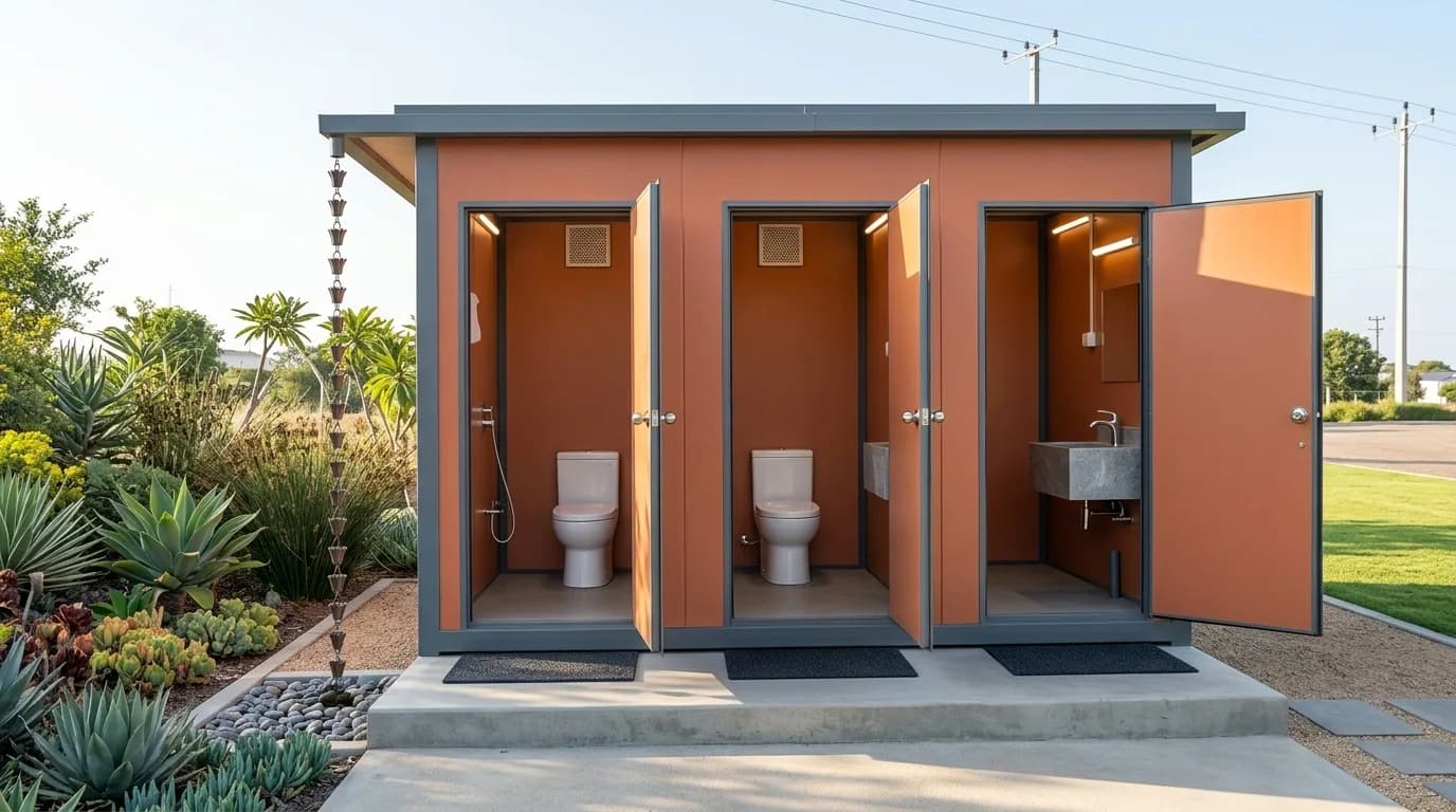 Prefabricated sanitation block with three separate cubicles, two fitted with WCs and one with a wash basin and mirror, each with its own outward-opening door and ventilation grille