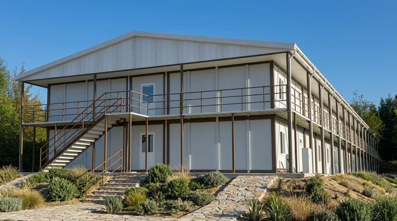 Two-storey prefabricated accommodation block with an external staircase and a full-length upper walkway serving separate rooms