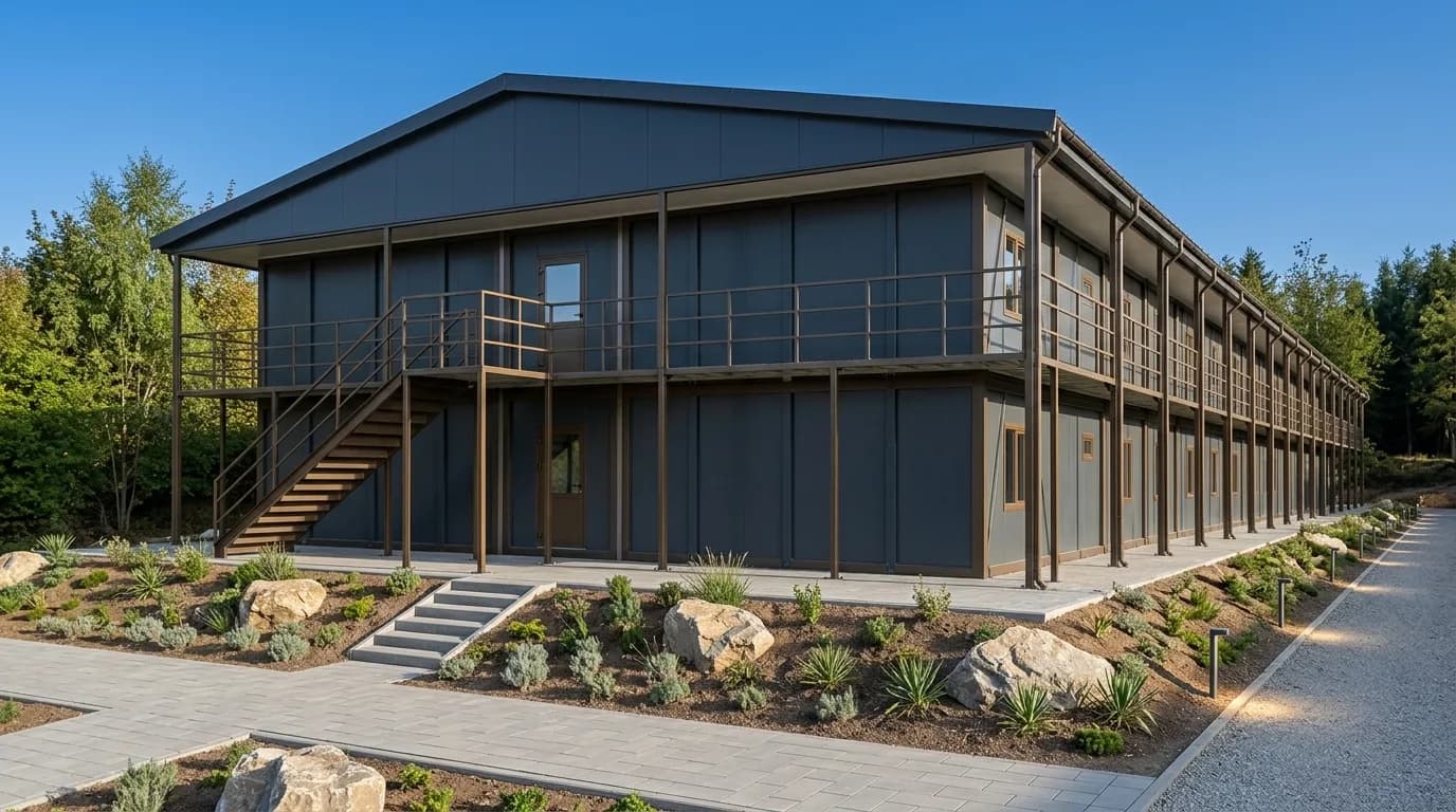 Long two-storey prefabricated accommodation block in dark grey panelling with a covered walkway and external stair at one end