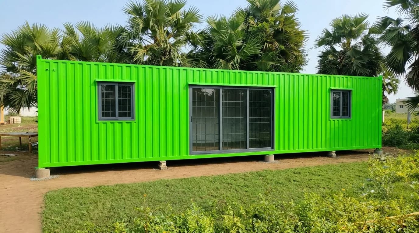 Bright green prefabricated cabin office standing on levelled ground, with barred sliding windows, a glazed sliding entrance and palm trees behind it