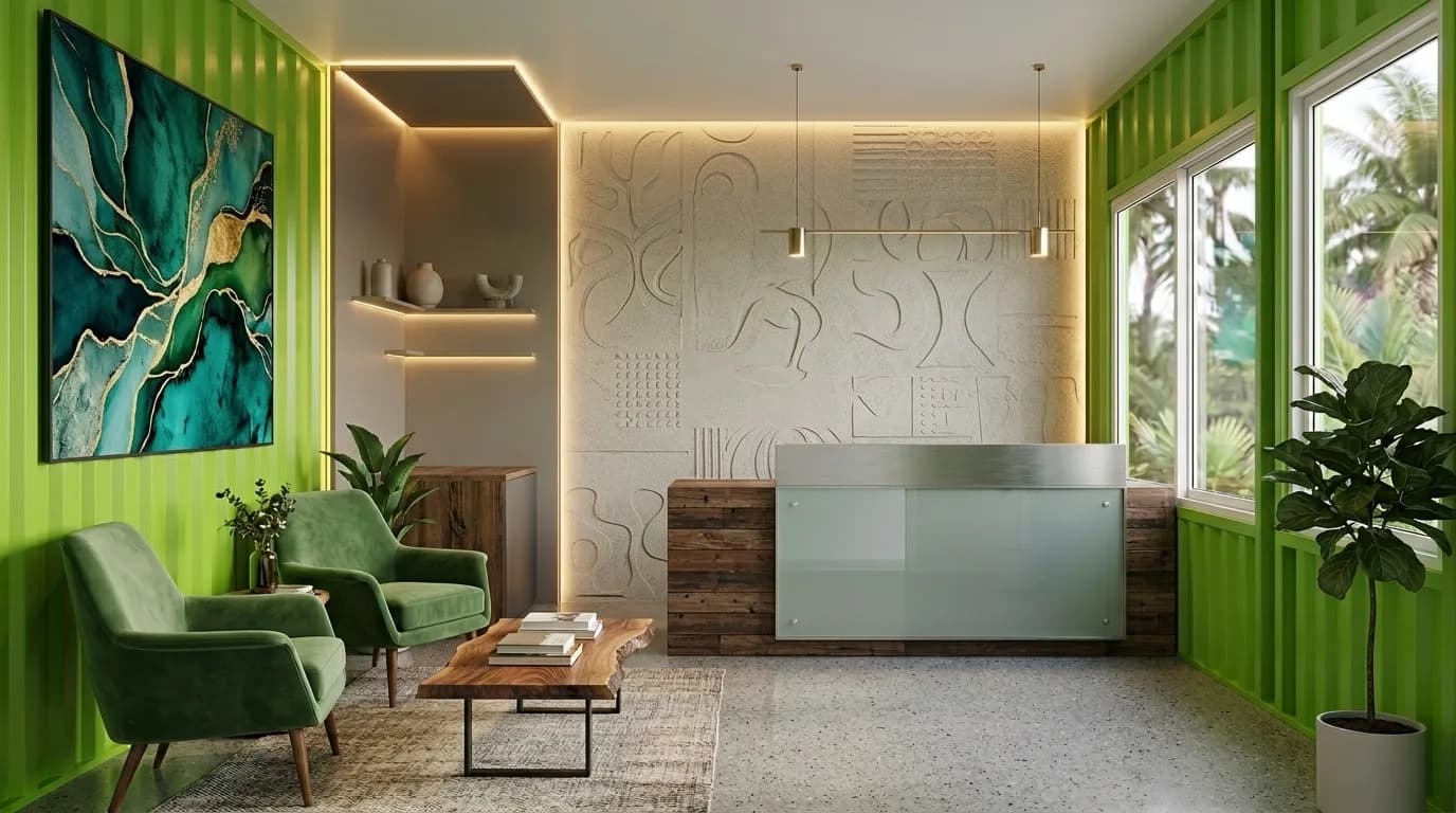 Reception inside a prefabricated marketing office with a counter, a textured feature wall, framed artwork, two upholstered armchairs, pendant lighting and a polished floor