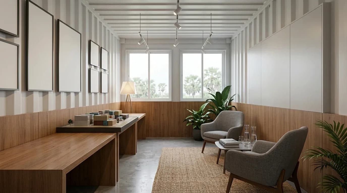 Interior of a prefabricated marketing office with a long display table carrying a scale model, blank framed panels along one wall, timber wainscoting, track lighting and two armchairs