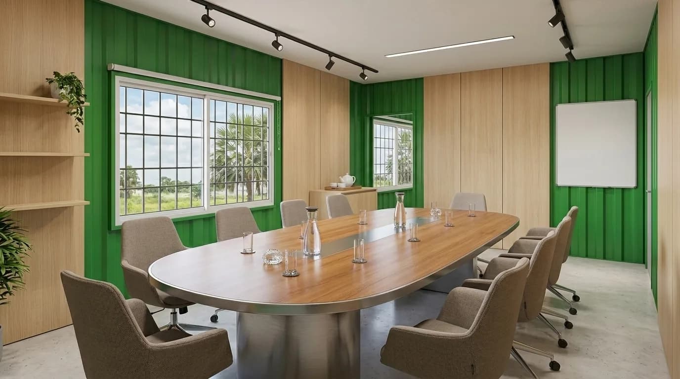 Meeting room inside a prefabricated office with an oval table, upholstered chairs on both sides, a wall-mounted whiteboard, track lighting and barred sliding windows
