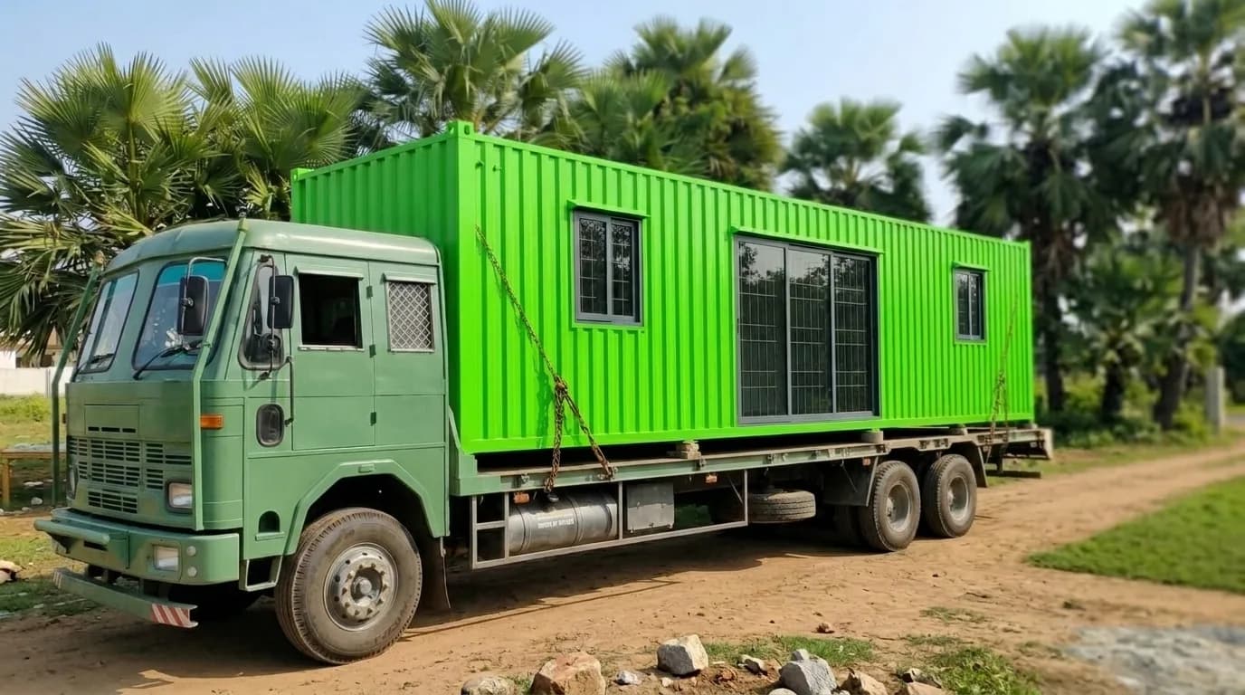 Bright green prefabricated cabin chained down on a flatbed truck on an unpaved track, with palm trees behind