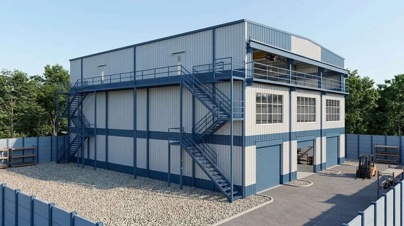 Two-storey prefabricated industrial building with blue and white profiled cladding, external steel staircases and walkways, roller shutters at ground level and a forklift in the yard