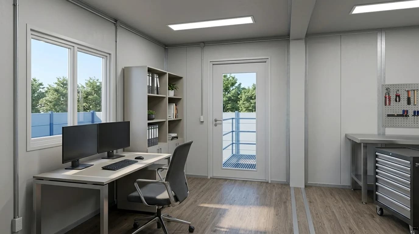 Interior of a prefabricated building fitted as an office and work area, with a desk and monitors, task chair, shelving, a glazed door onto a railed walkway and a stainless workbench with a tool board