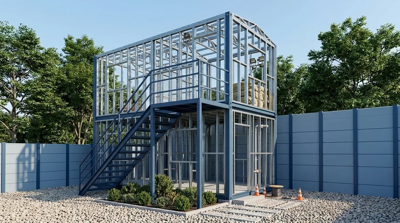 Steel structural frame of a two-storey prefabricated building before cladding, showing columns, floor framing, wall studs and roof trusses with an external staircase in place