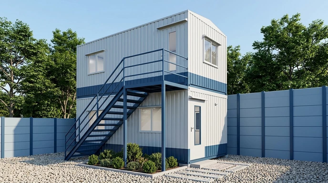 Completed two-storey prefabricated building with blue and white cladding, an external steel staircase to an upper walkway, windows on both floors and planted beds along the front