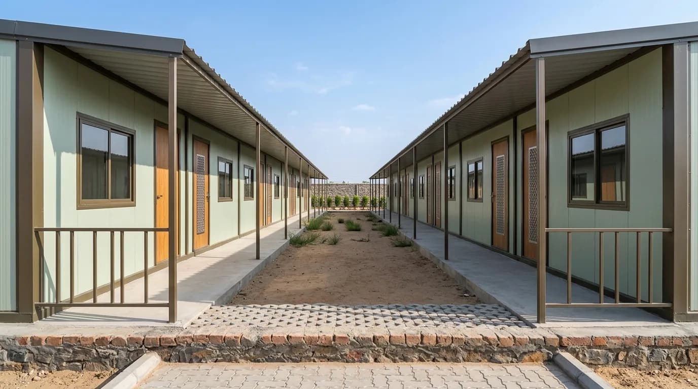 Two facing rows of single-storey prefabricated accommodation blocks with covered walkways, individual doors, sliding windows and ventilation grilles, on a levelled site with paved paths either side of an open earth strip