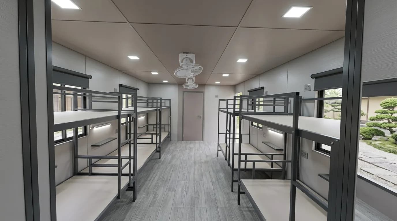 Interior of a prefabricated dormitory cabin with two rows of steel bunk beds along both walls, ceiling fans, recessed lighting, wall sockets, roller blinds and windows down each side