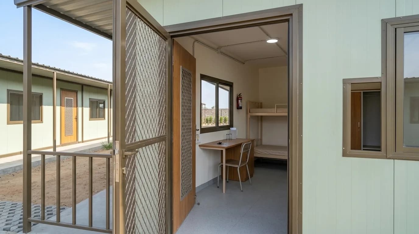 Prefabricated accommodation room seen through an open door with a mesh security screen, containing a bunk bed, a desk and chair, a wardrobe, a wall-mounted fire extinguisher, a ceiling light and a sliding window