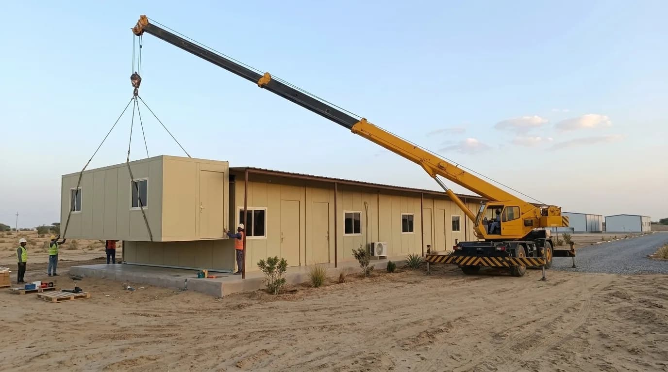 Mobile crane lowering a prefabricated accommodation unit onto a concrete plinth beside a completed single-storey block, with workers in high-visibility vests and hard hats guiding it into position
