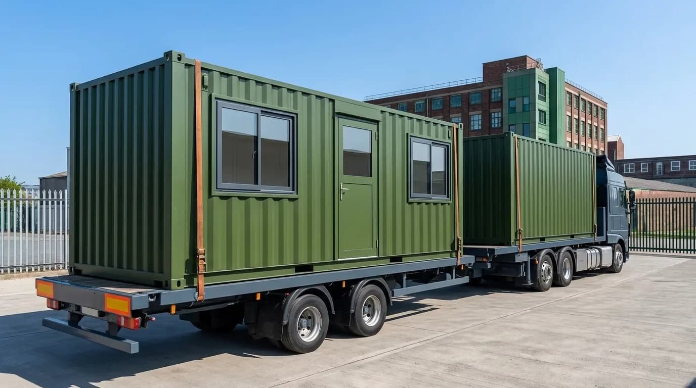 Two green prefabricated accommodation units strapped to a flatbed articulated trailer with tensioned webbing, one fitted with sliding windows and a personnel door