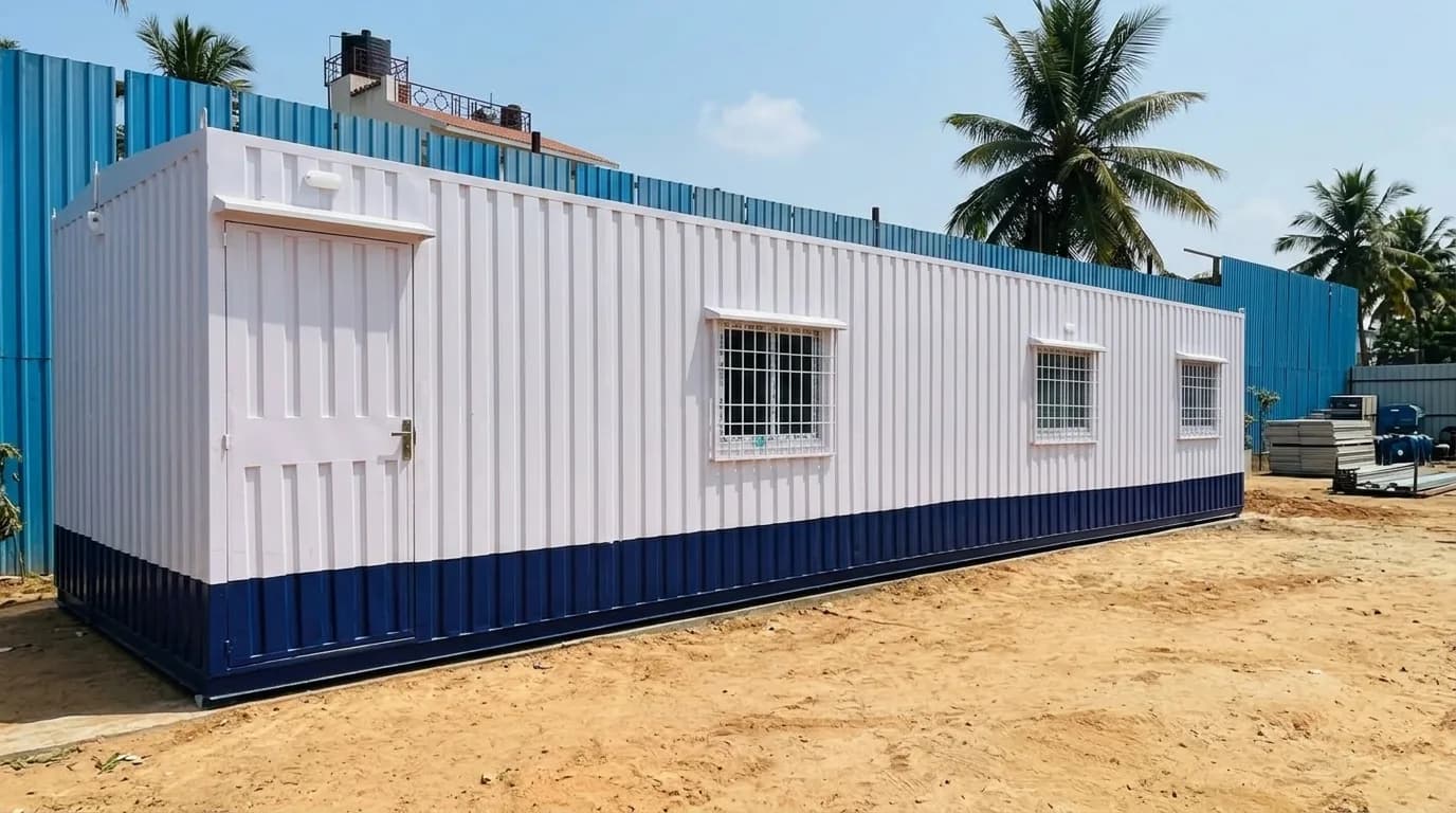 Prefabricated cabin with white and blue cladding standing on levelled bare ground, with barred windows, a solid entrance door and site hoarding behind it