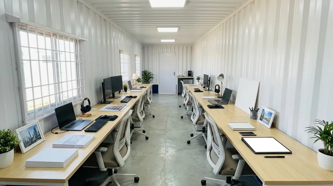 Interior of a prefabricated office cabin fitted out with two rows of desks, task chairs, laptops and monitors, panel lighting and barred windows along one wall