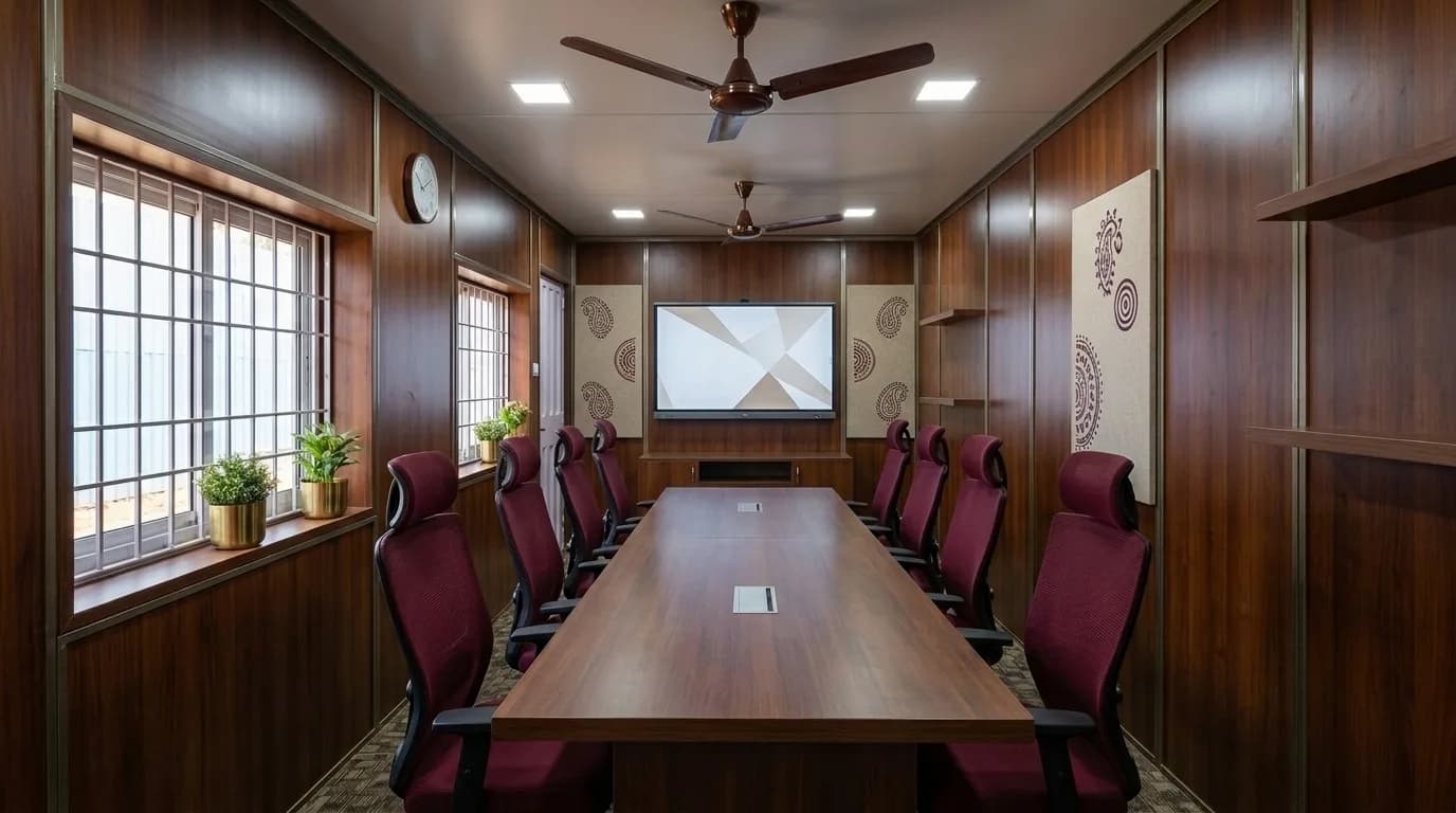 Meeting room inside a prefabricated cabin with a long table, upholstered chairs on both sides, a wall-mounted display screen, ceiling fans and wood-panelled walls