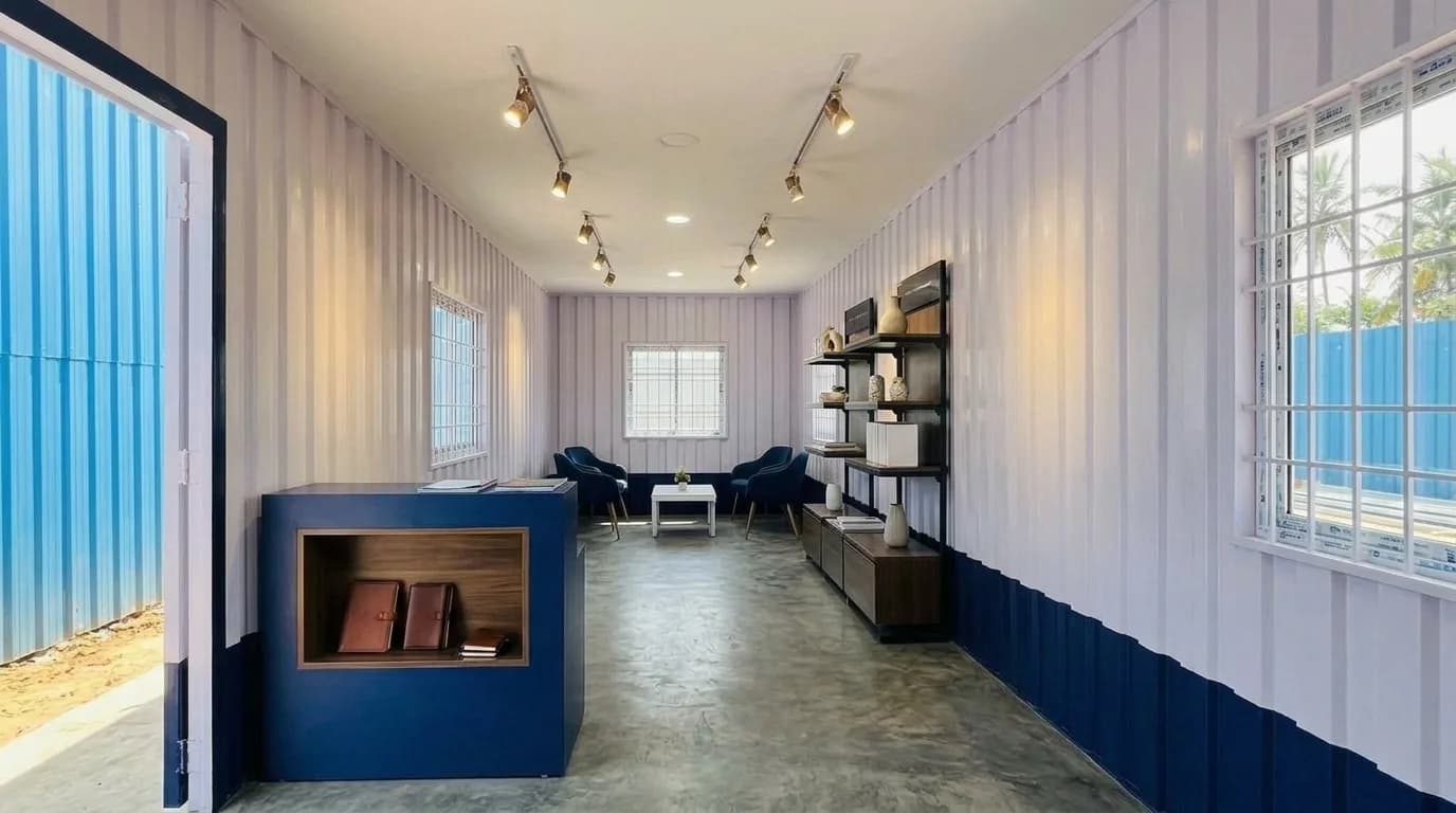 Interior of a prefabricated cabin with a navy counter, open shelving holding ceramic pieces and books, two armchairs around a low table, track lighting and a polished concrete floor