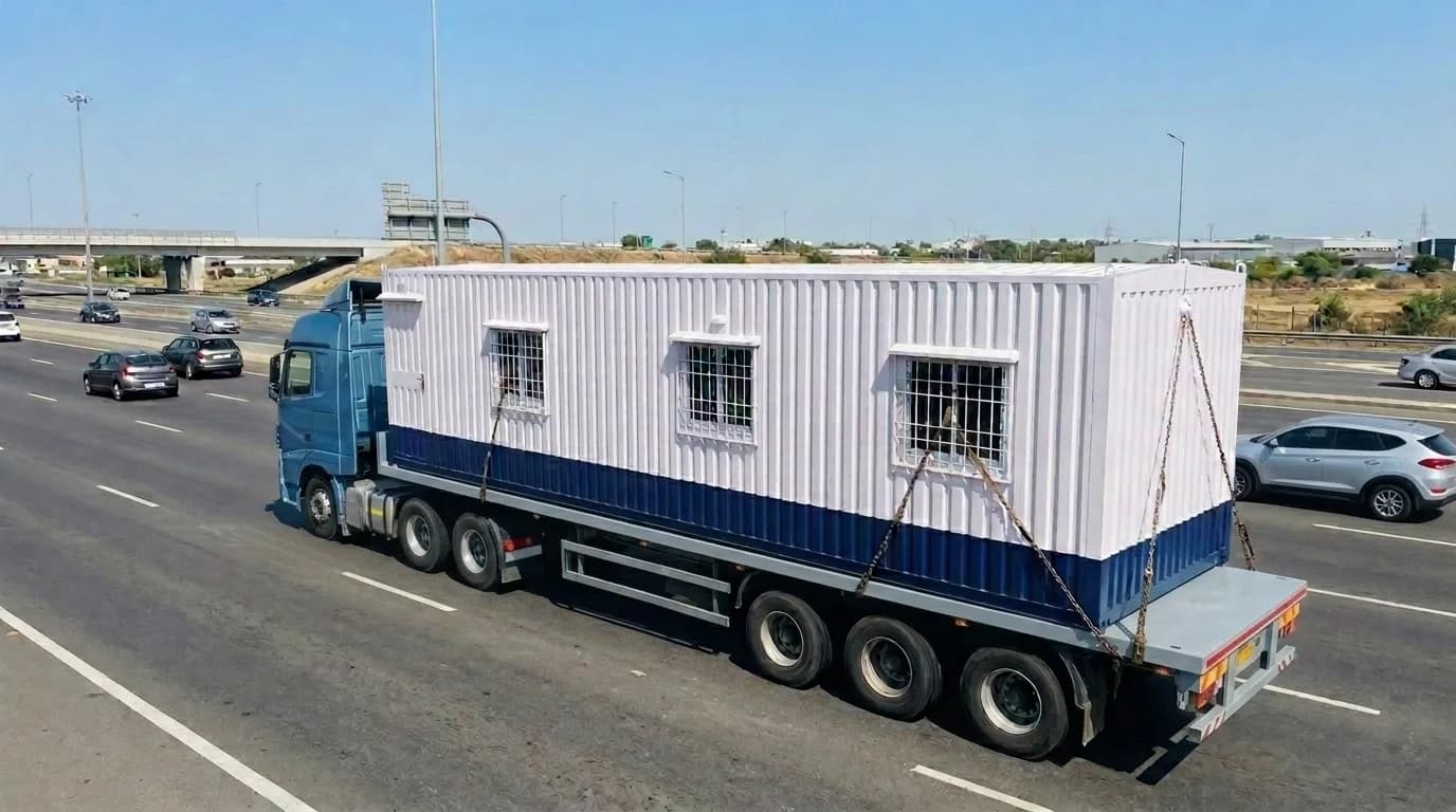 Prefabricated cabin chained down on a flatbed trailer behind a tractor unit, travelling on a divided highway