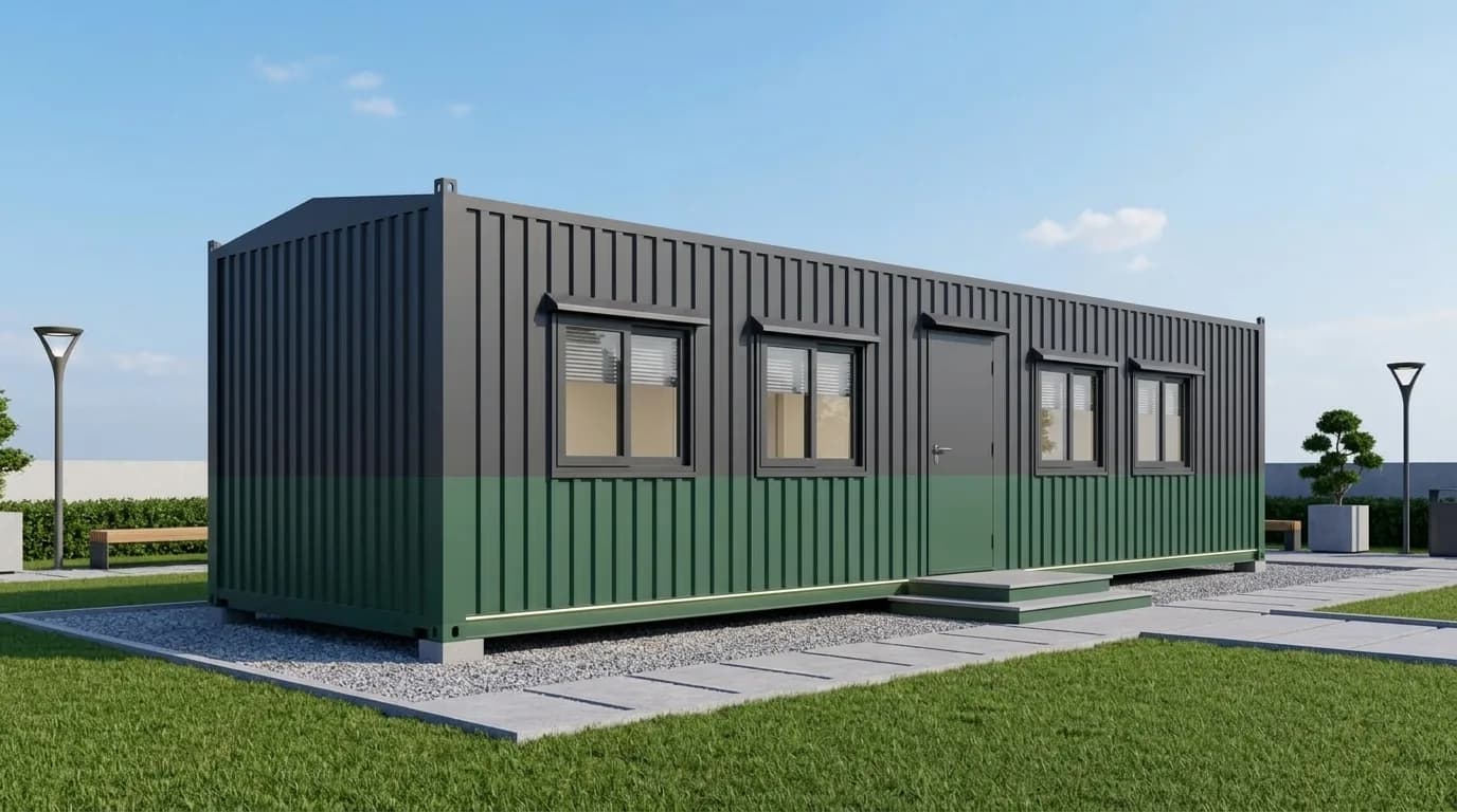 A long single-storey office cabin clad in dark grey and green profiled steel, with four windows and a central door reached by three steps, standing on levelling pads over a gravel bed