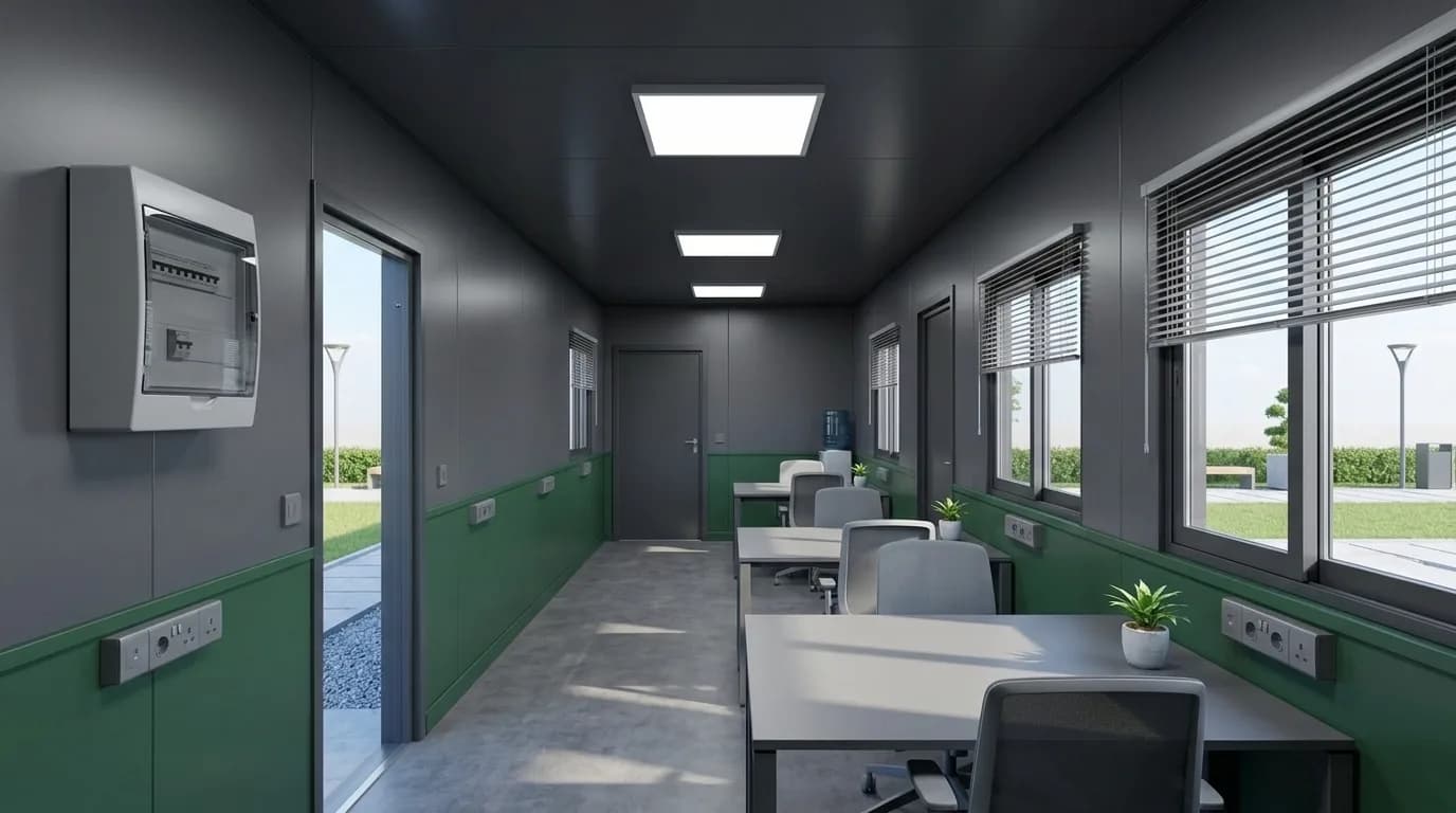 Interior of an office cabin finished in grey and green panels, with desks and mesh chairs along one side, a wall-mounted distribution board, sockets at desk height and recessed ceiling lights