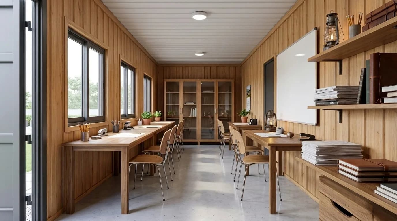 Interior of an office cabin lined in timber boarding, with a long worktop under the windows, a whiteboard on the end wall, glazed storage cabinets and shelves of files and folders