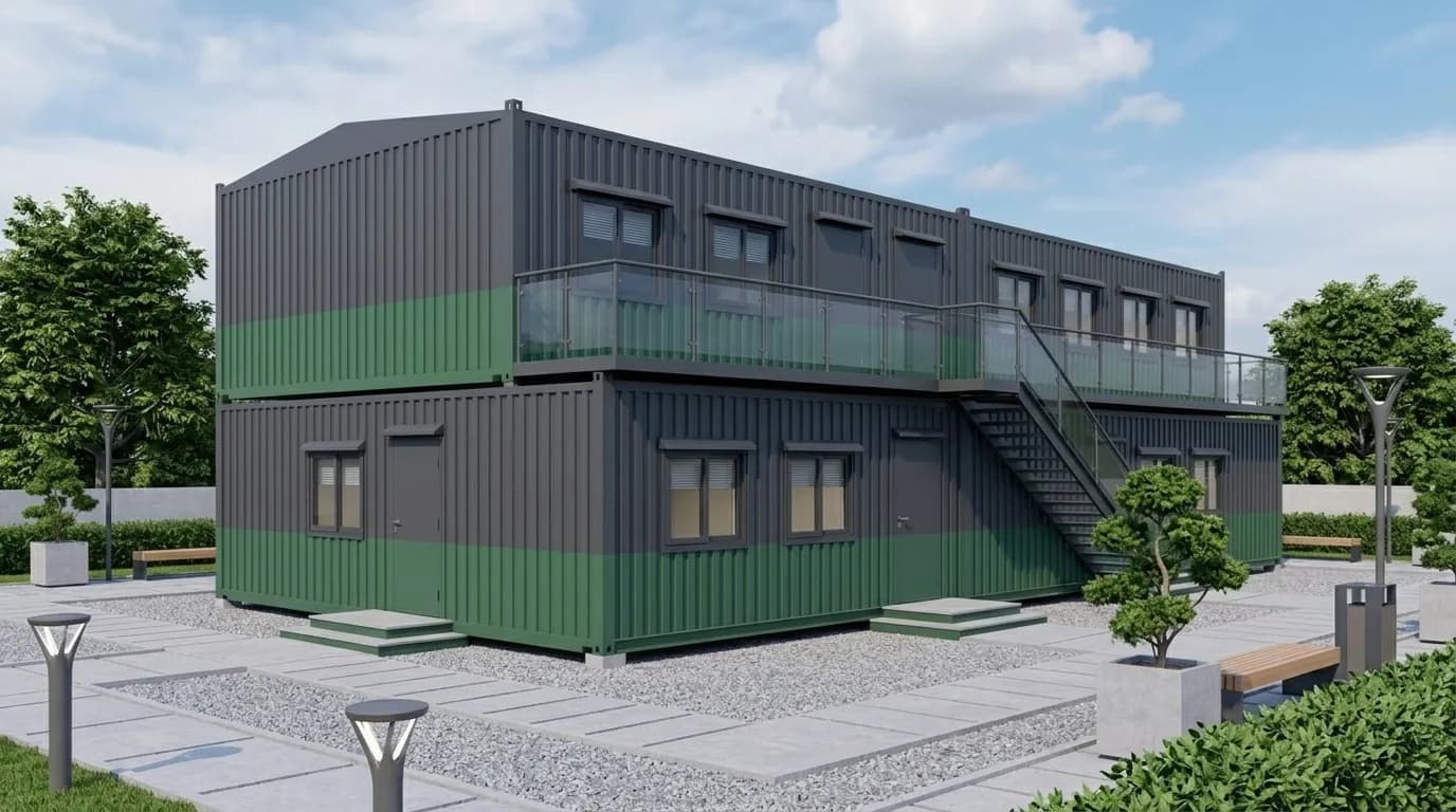 Office cabins stacked two levels high in dark grey and green profiled steel, with an external steel staircase and a railed walkway serving the upper level
