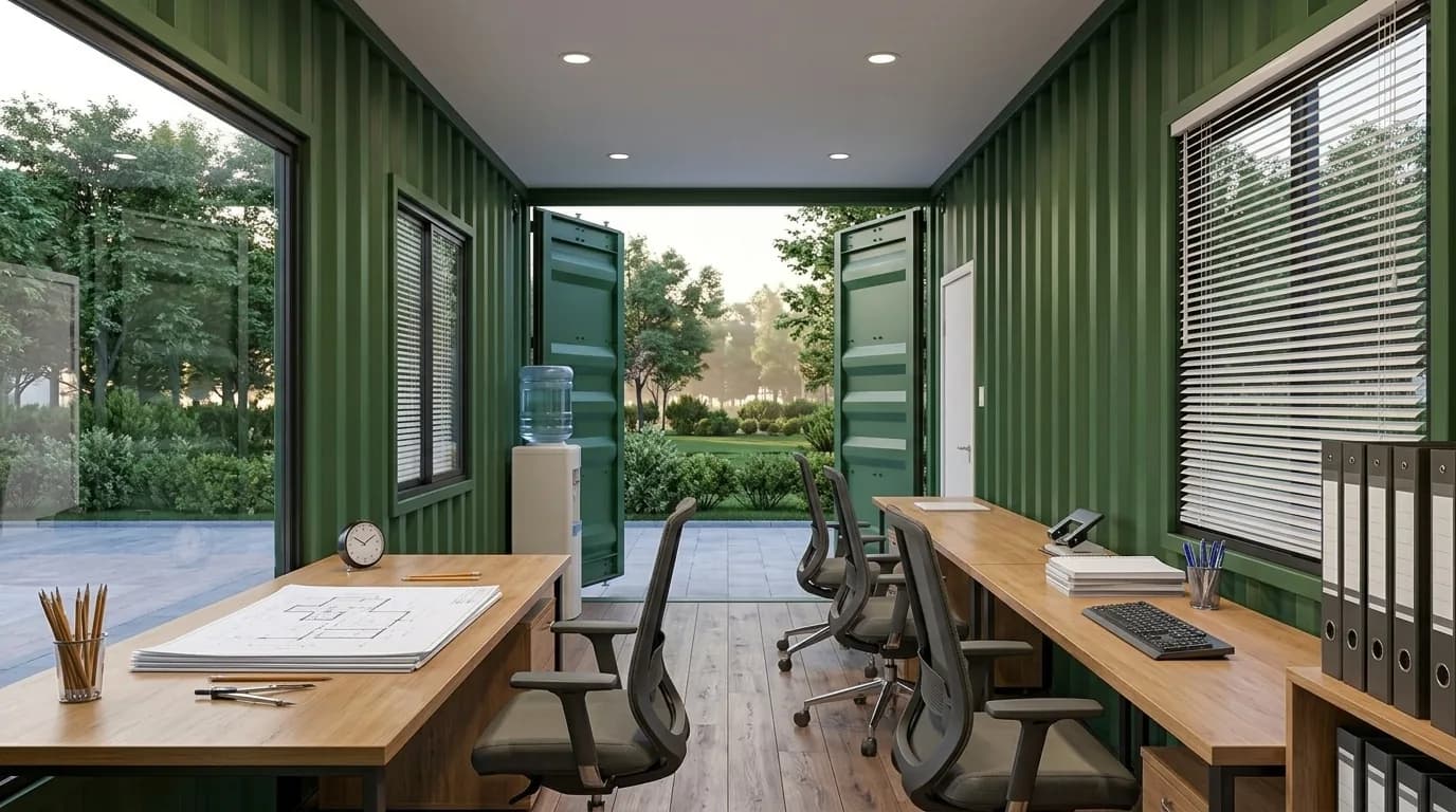 Interior of a converted shipping container fitted as an office, with corrugated green walls, desks along both sides and the original container doors standing open at the far end