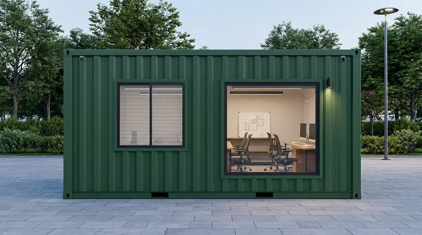 A dark green shipping container converted into an office, with corner castings, a sliding window and a large fixed window showing a desk and chairs inside