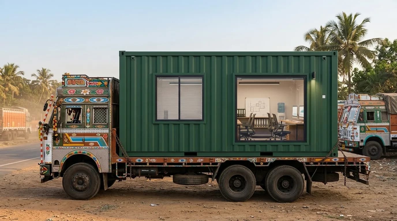 A dark green converted container office chained to the bed of a decorated flatbed truck on a dirt roadside, with palms and other lorries behind