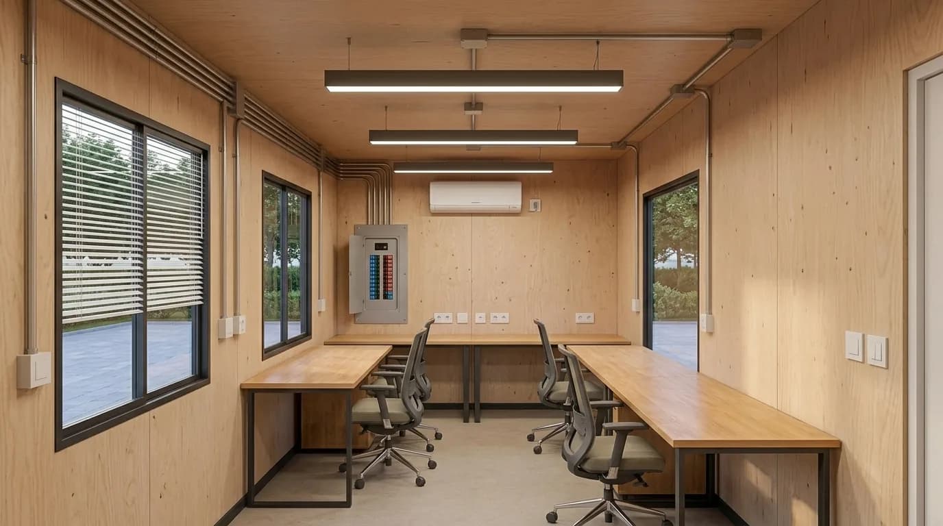 Interior of a finished site office lined in plywood, with surface conduit running to a distribution board, sockets and switches, a wall-mounted cooling unit and desks along both walls