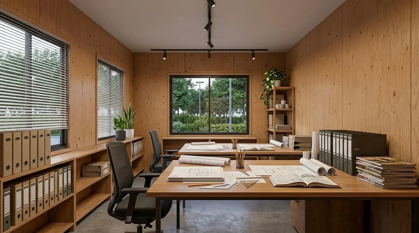 Interior of a finished site office lined in plywood, with drawings spread across a large table, rolled prints, box files on shelving and track lighting overhead