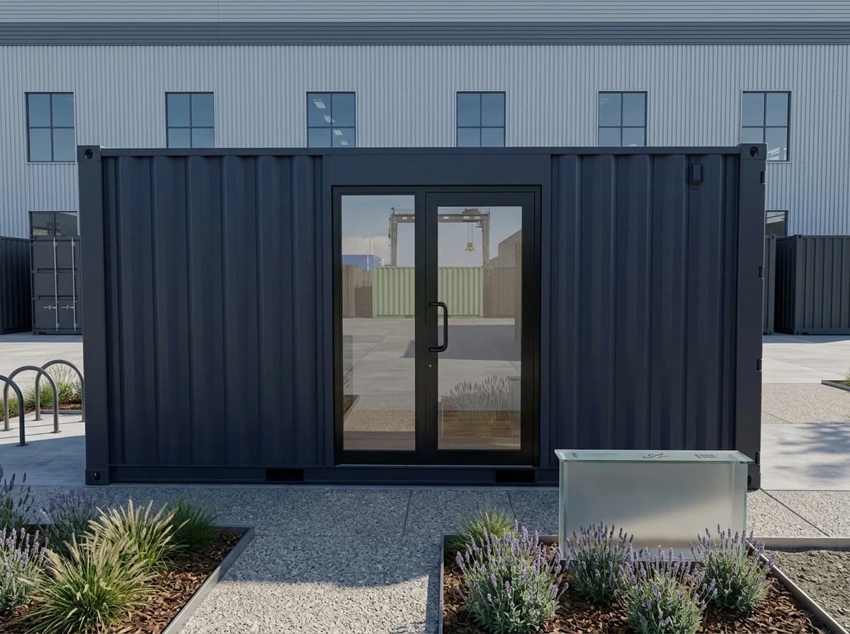 Design visualisation of a charcoal shipping container converted into an office, seen front-on, with a black-framed glazed double door in the middle of its ribbed long side, behind gravel paving and planters