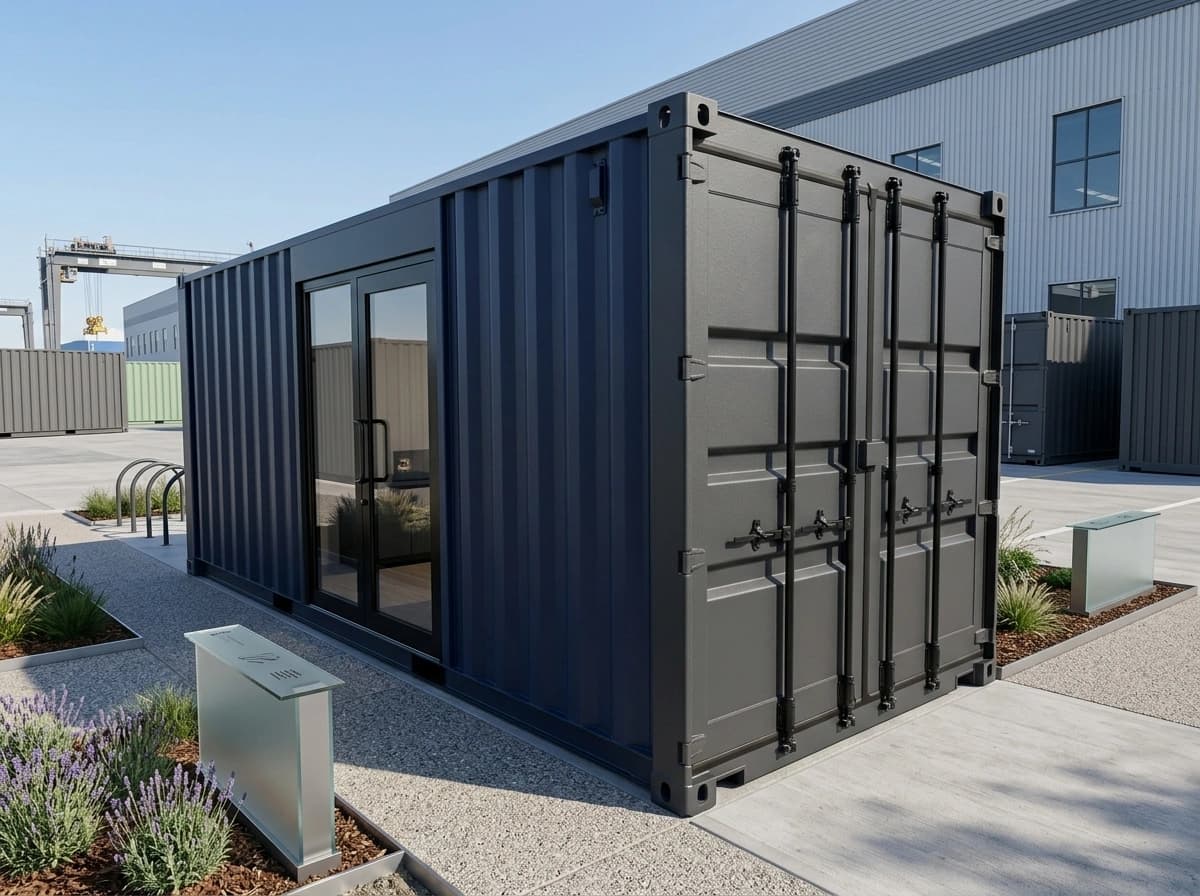 Design visualisation of the same charcoal container office seen from one corner, showing the glazed double door along its ribbed long side and the closed cargo doors with locking bars at its end
