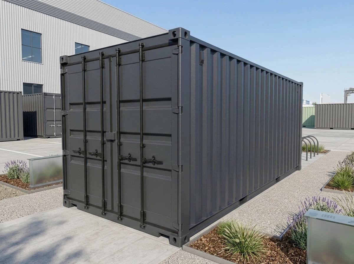 Design visualisation of the container office's end seen at an angle, showing a pair of closed cargo doors with vertical locking bars and handles beside its ribbed long side, on paving with planters